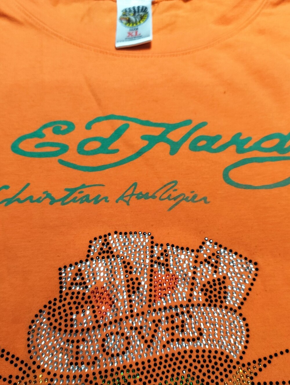 Vintage Ed Hardy Orange Graphic Tee with Rhinestone Gamble Motif - XL - Picture 4 of 9